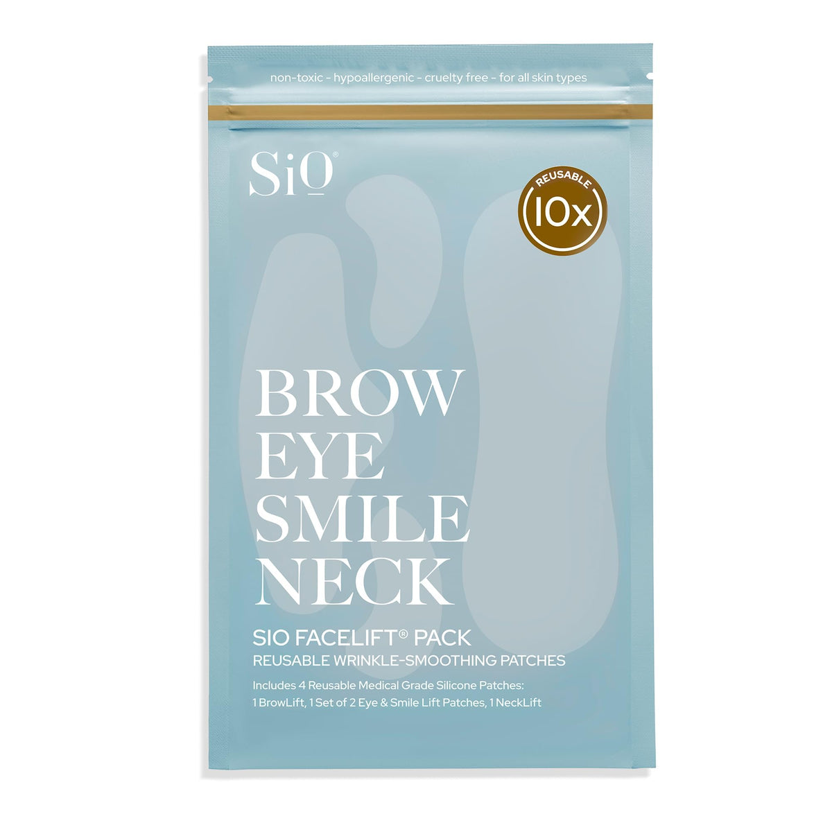 SiO Beauty FaceLift patches packaging closeup highlighting premium silicone design for anti-wrinkle care.