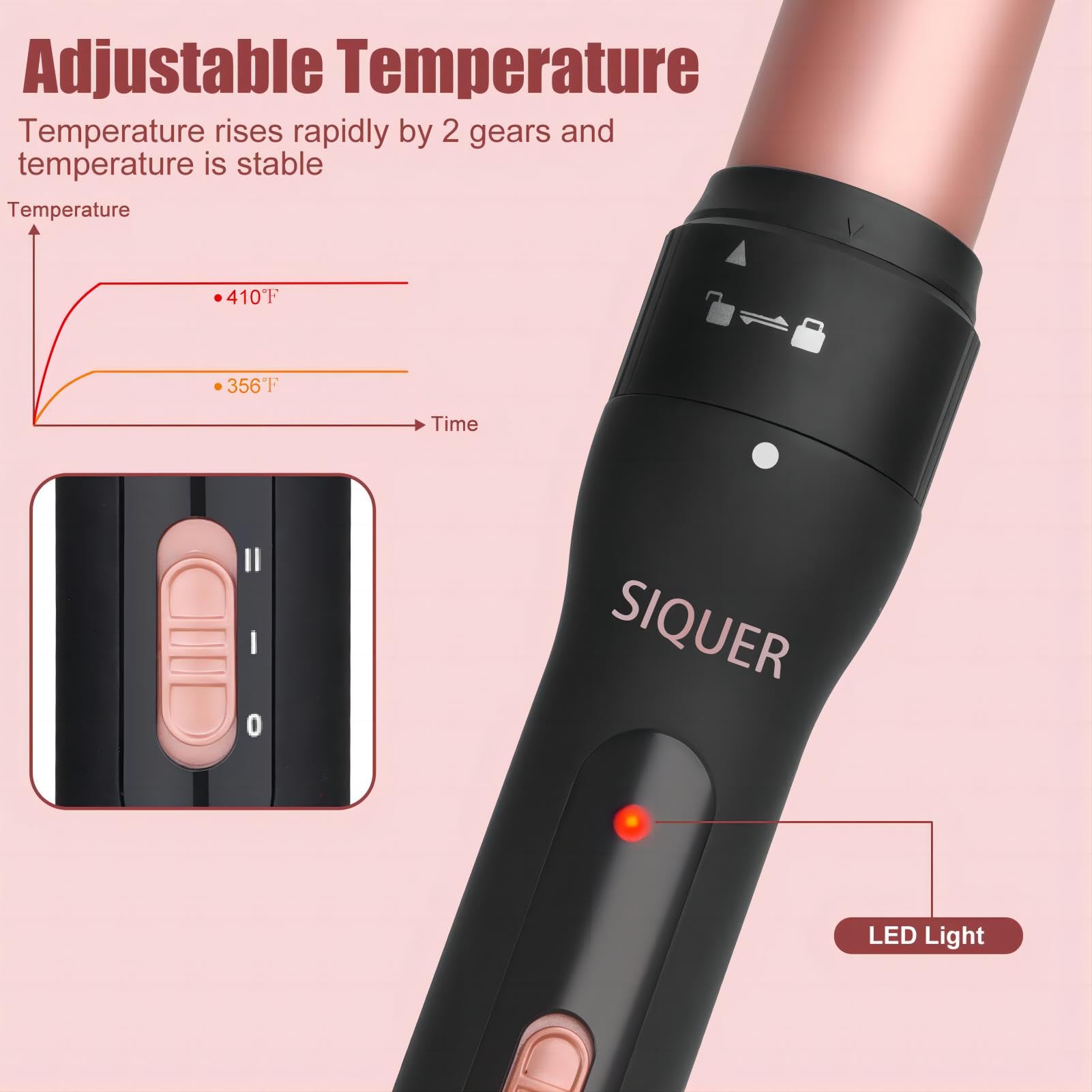 SIQUER 3in1 curling wand set rose heat-protective glove for safer styling.