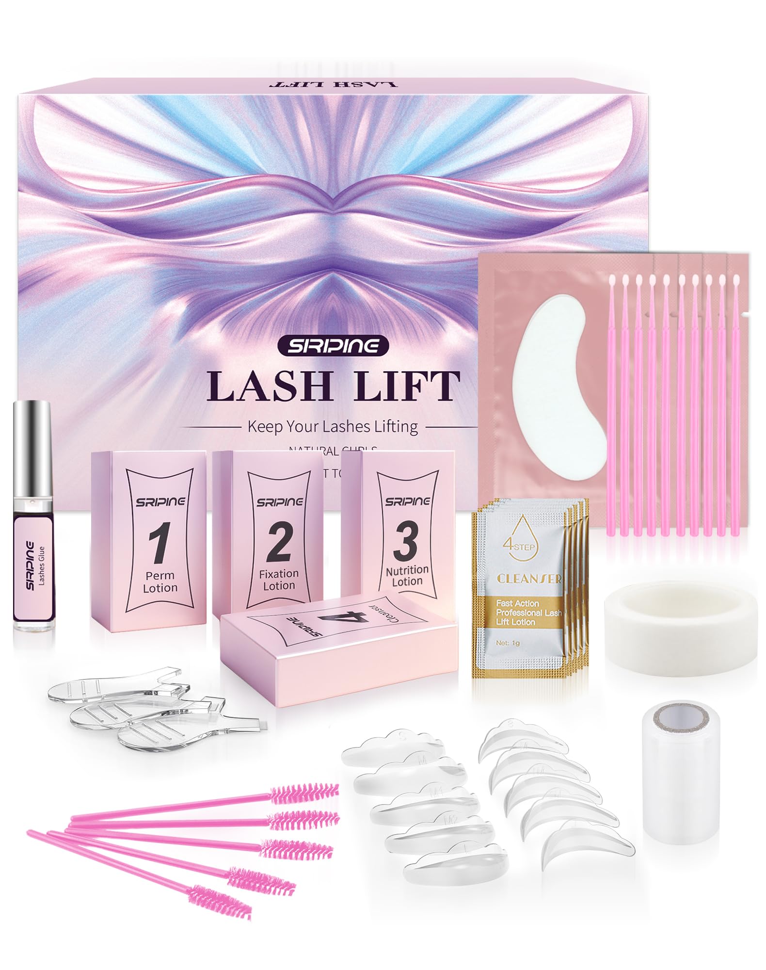 Siripine lash lift kit packaging showcases complete at-home curling solution for effortless results.