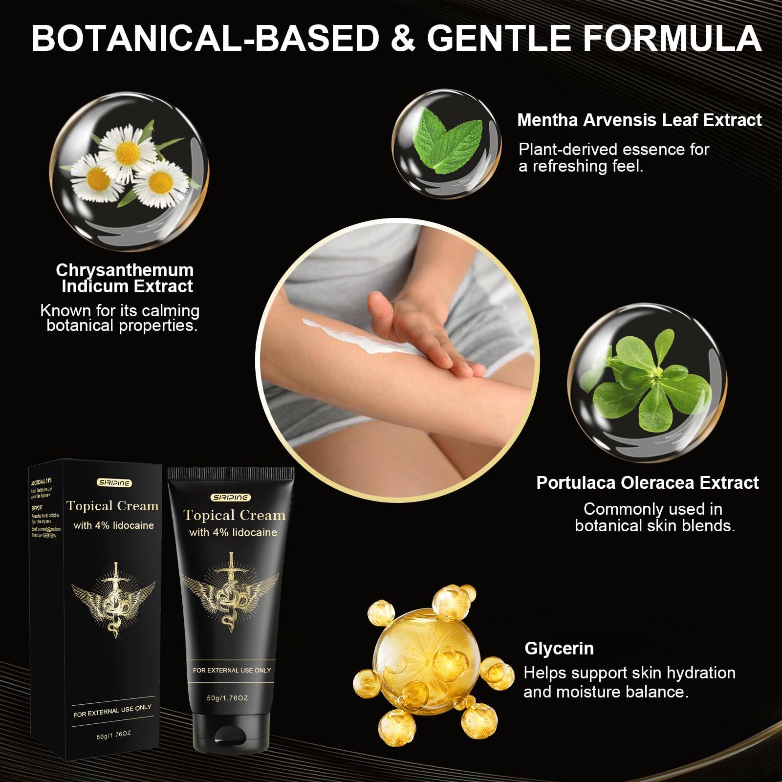 Siripine Numbing Cream with emu oil and arnica highlights skin-friendly blend.
