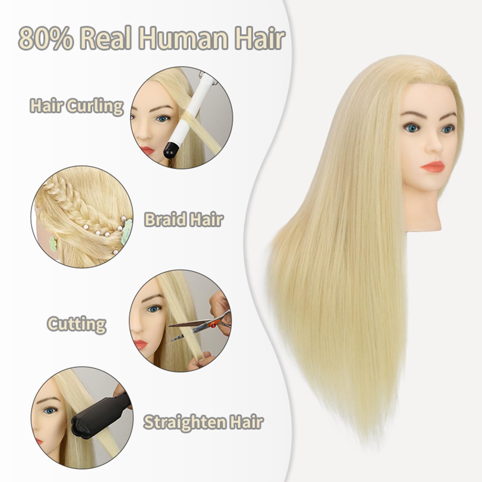 Sirydtm mannequin head with clamp stand included for stable practice in salon-like setup.