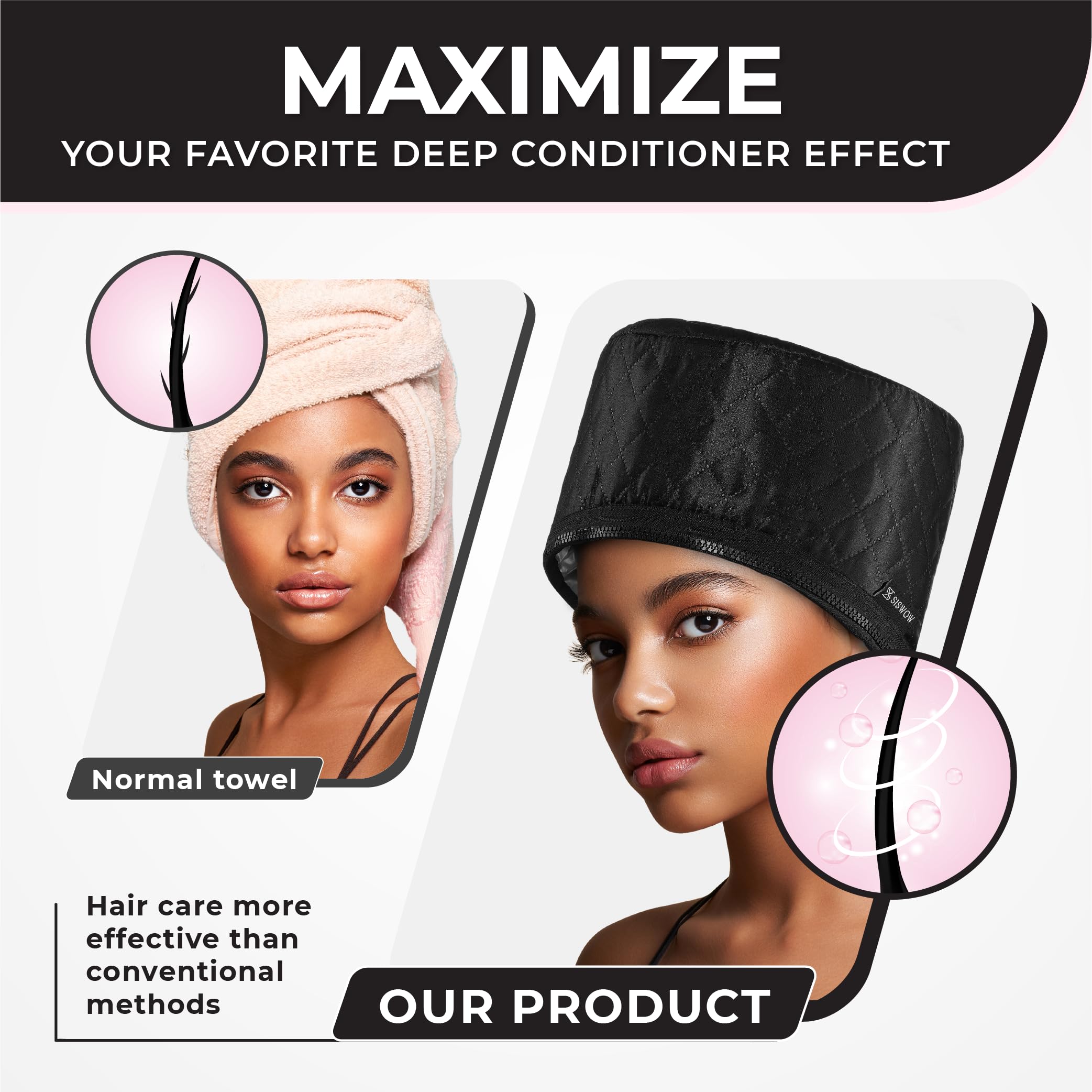 SISWOW heat cap in use on head delivering comfortable warmth for deep conditioning