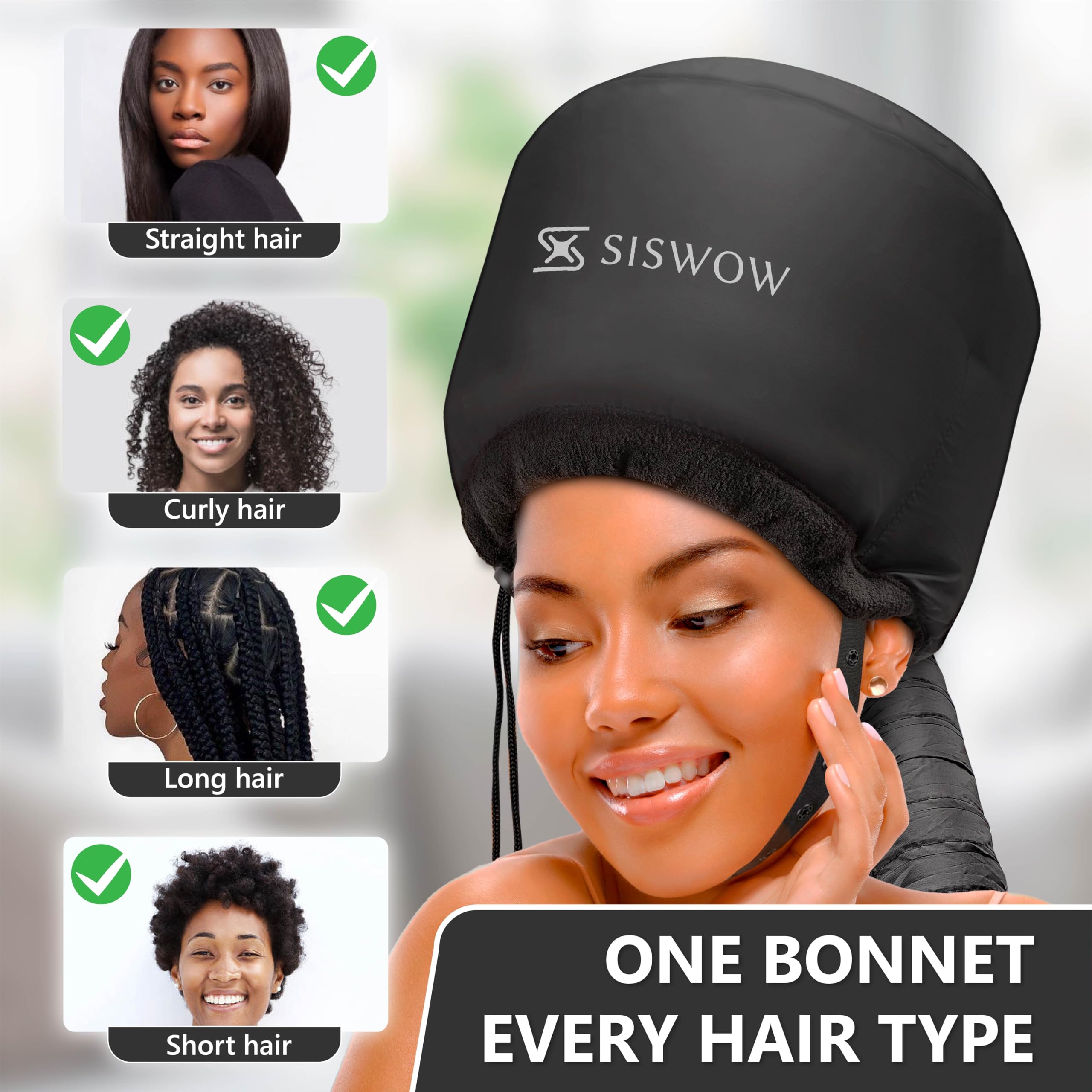 SISWOW hood dryer cap with headband stays secure during styling.