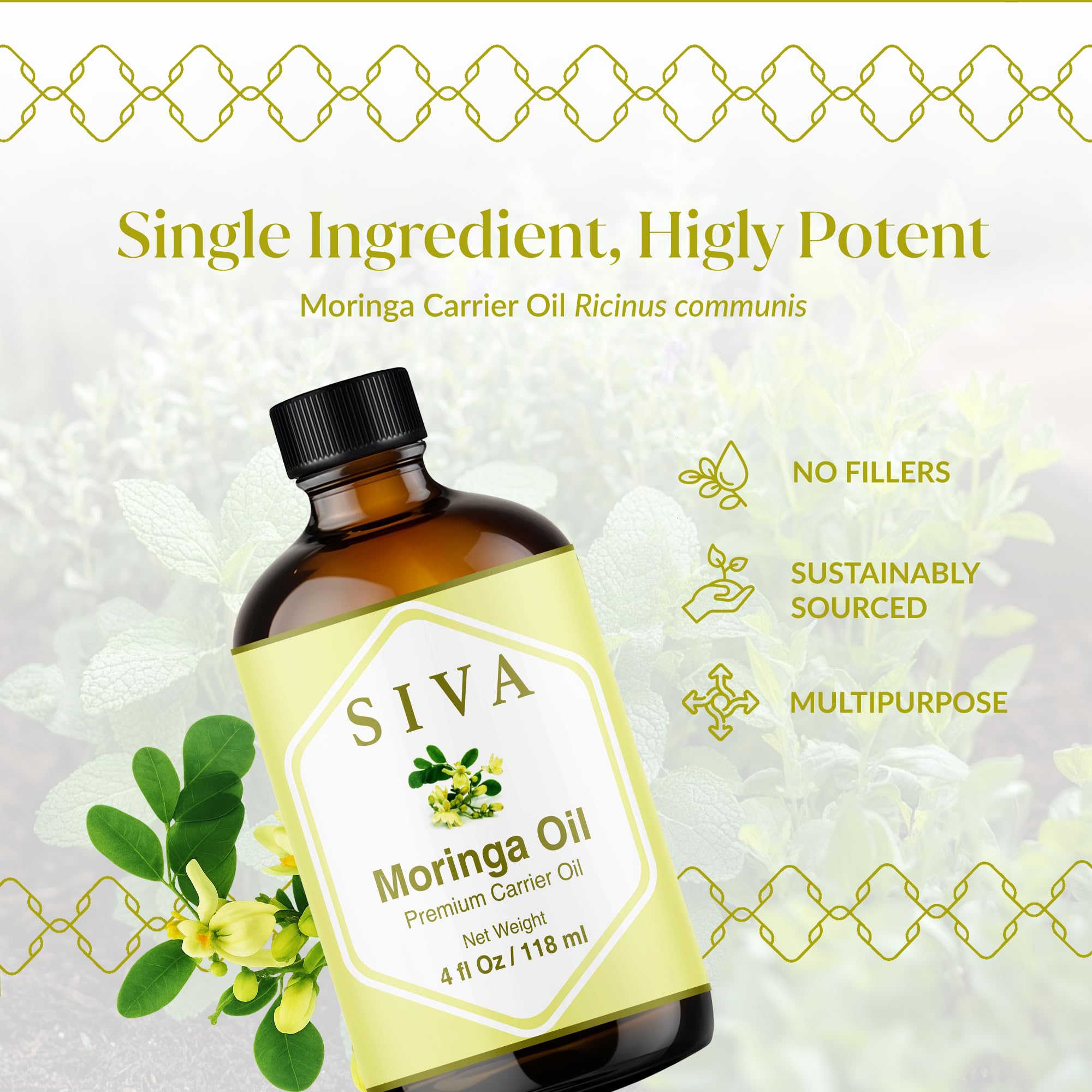 SIVA Moringa oil pour bottle for simple mixing into blends.