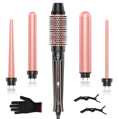 Sixriver 5in1 curling iron brush image shows smooth, tangle-free hairstyles with mixed barrel sizes.