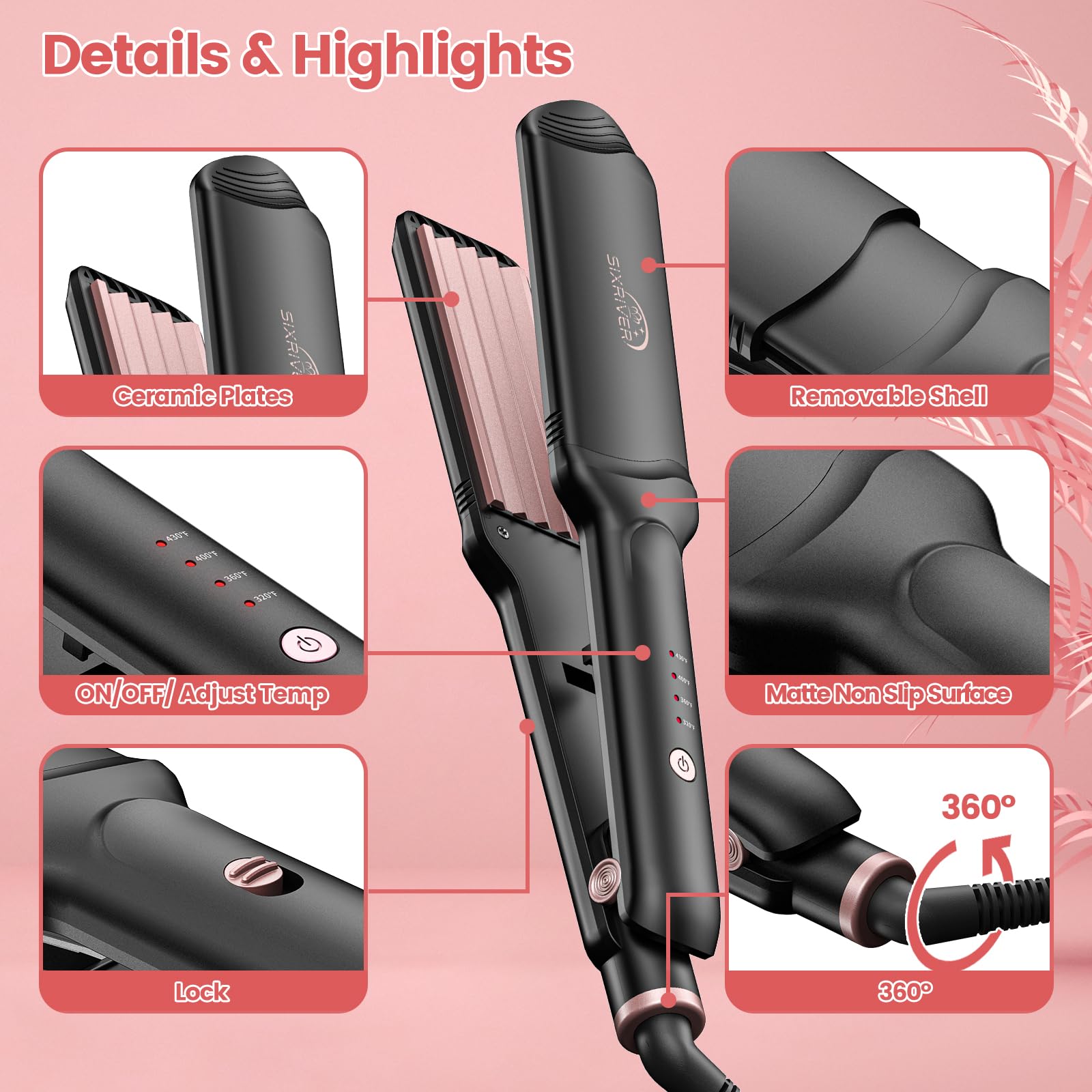 Sixriver Hair Crimper Rose Gold ergonomic-handle detail emphasizes comfortable grip.