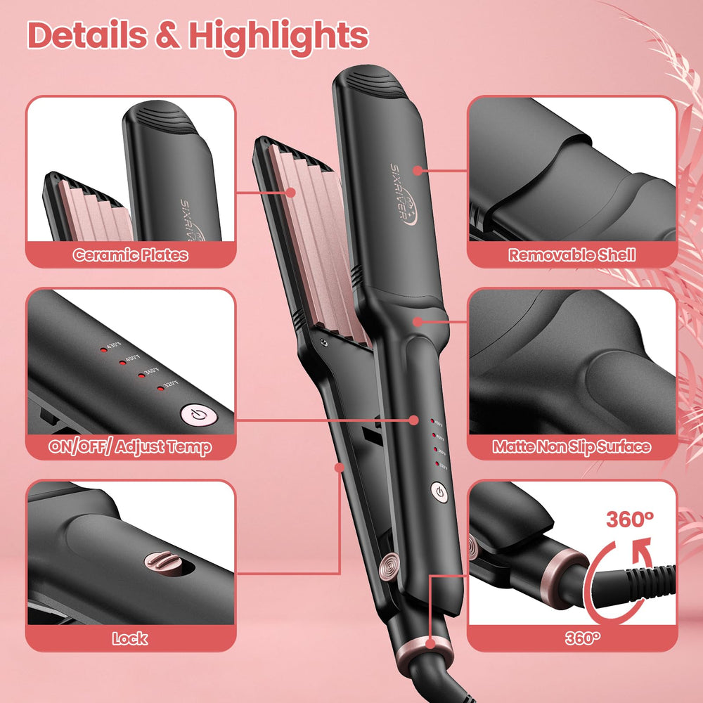 Sixriver Hair Crimper Rose Gold ergonomic-handle detail emphasizes comfortable grip.