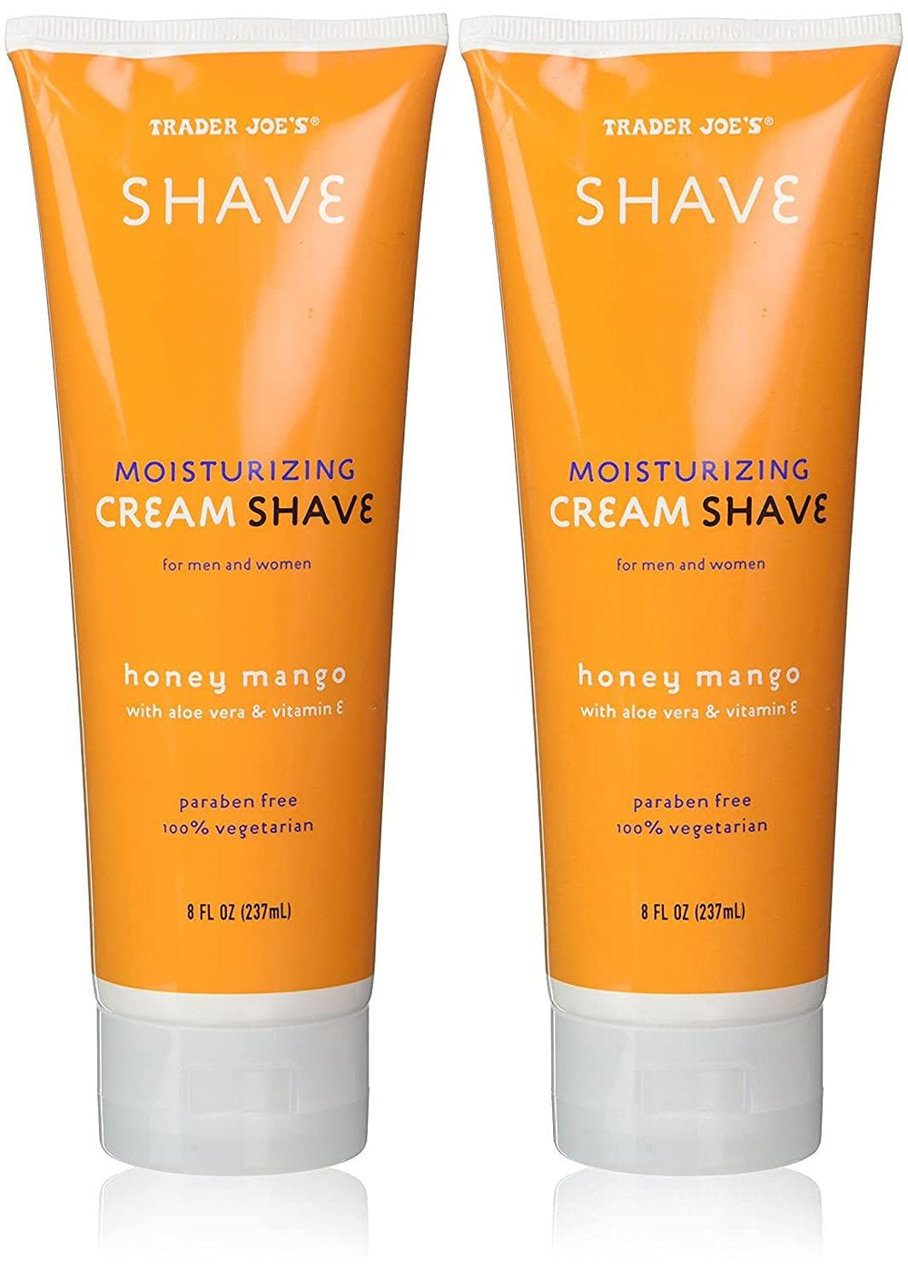 Sixyear Trader Joe's Honey Mango shave cream bottle with aloe vera and vitamin E for soothing shave