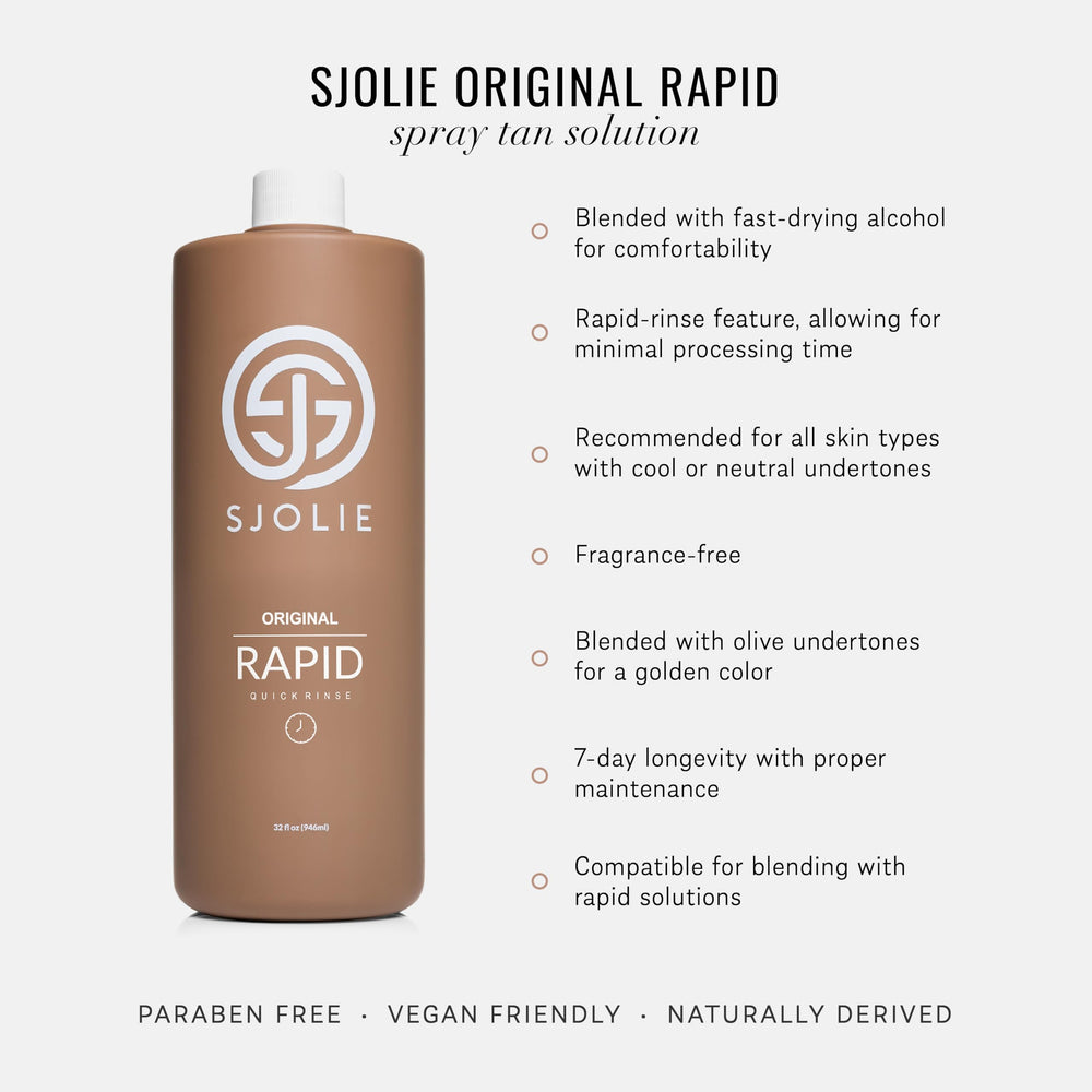 SJOLIE Rapid Spray Tan dispensing action shows smooth, streak-free spray finish.