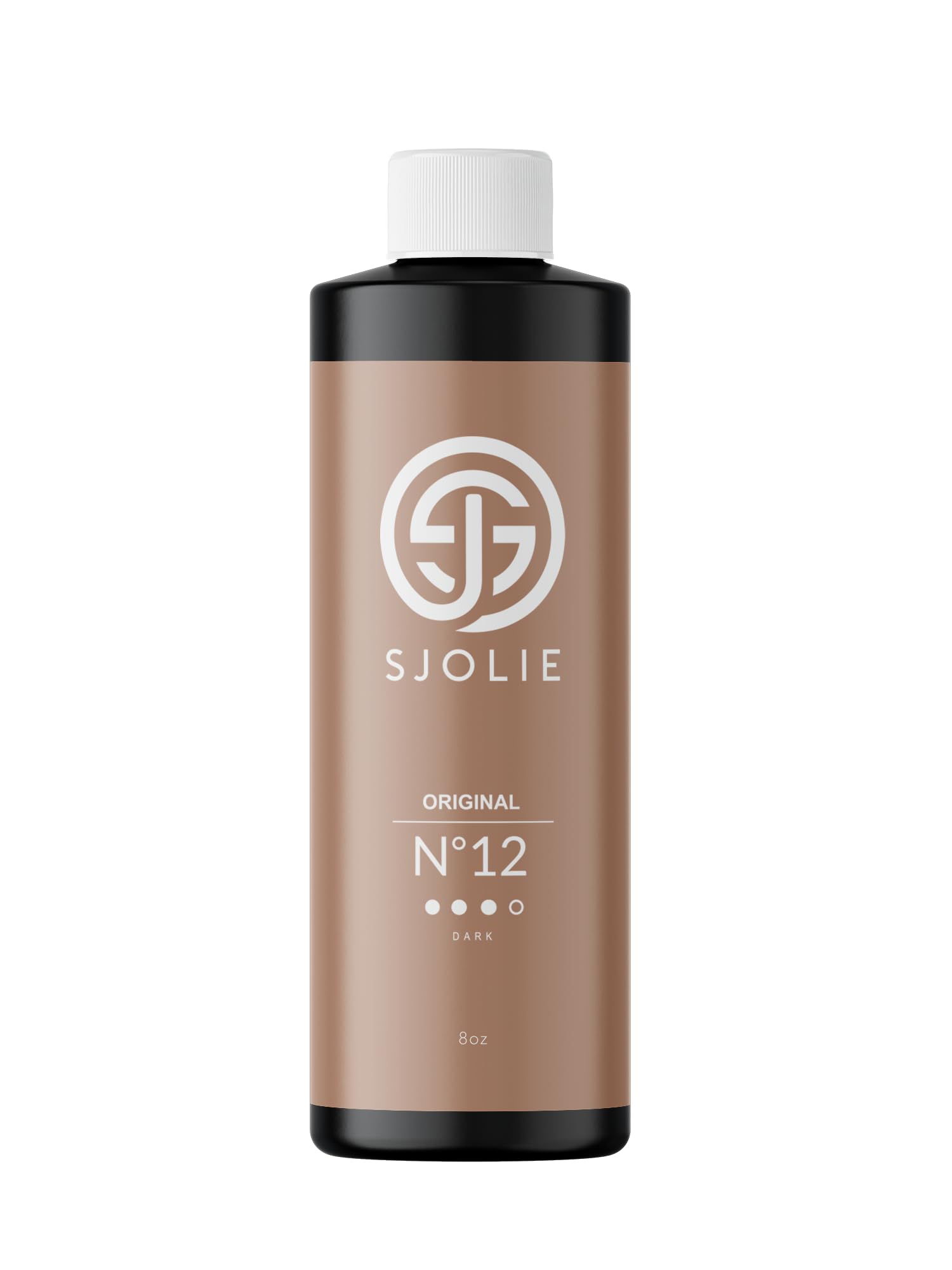 SJOLIE SUNLESS No. 12 dark bottle shows hydrating formula for lasting bronze glow.