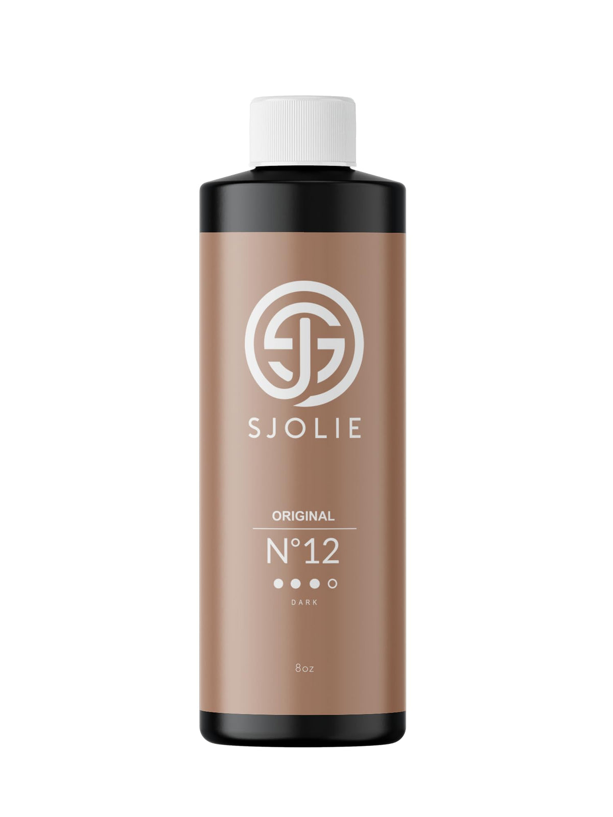 SJOLIE SUNLESS No. 12 dark bottle shows hydrating formula for lasting bronze glow.