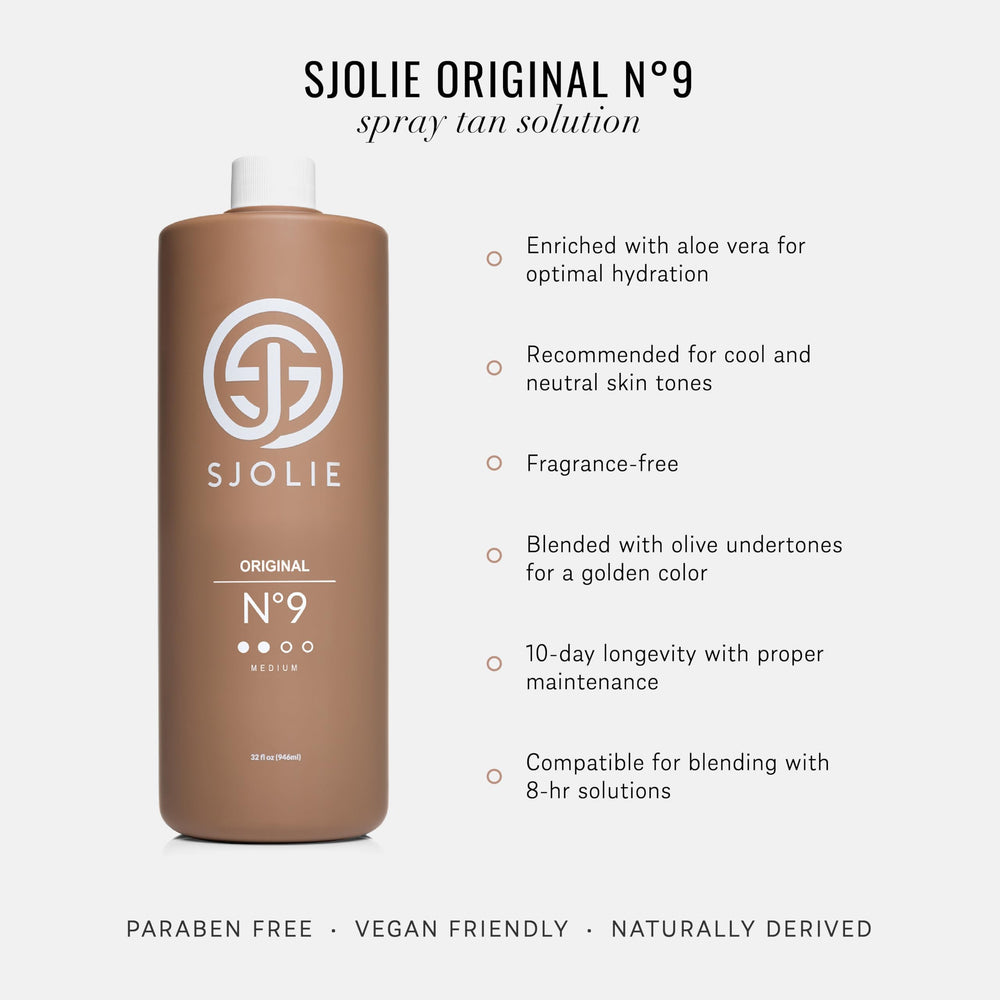 SJOLIE Sunless No.9 bottle back shows vegan-friendly, paraben- and Erythrulose-free formula.
