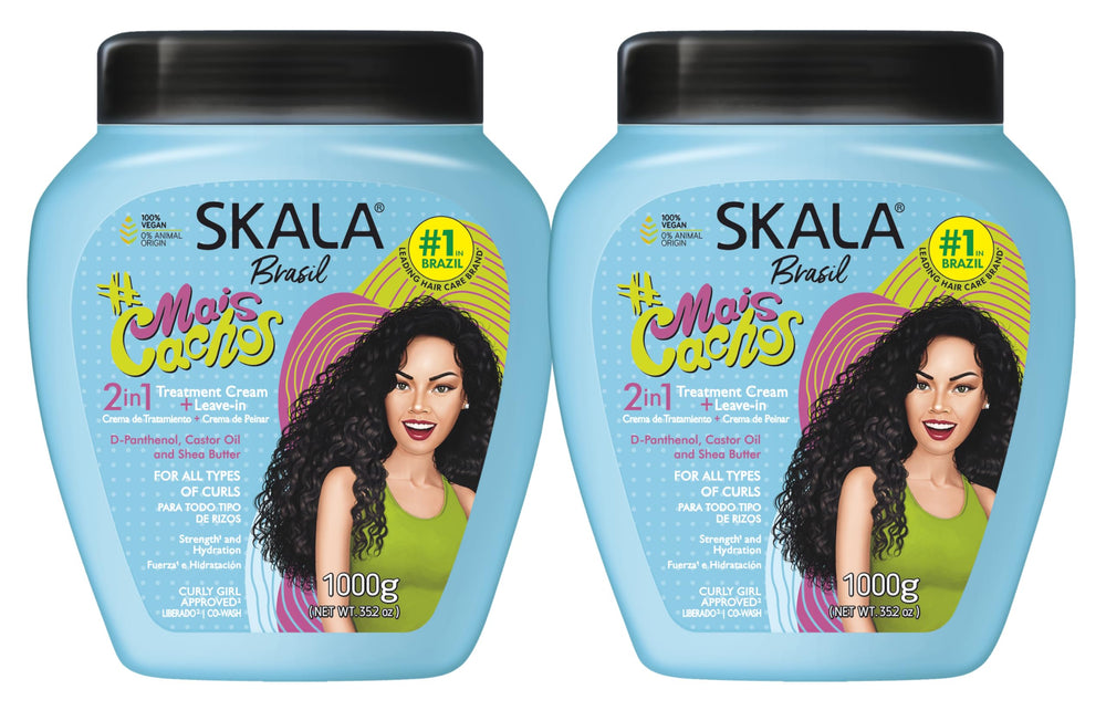 Skala Mais Cachos bottle in blue showcases deep hydration for curly hair care.