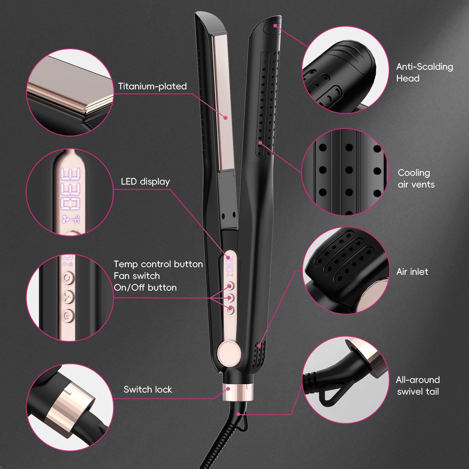 Skimi Airflow Styler 360° cool airflow vents enable quick setting and shine.