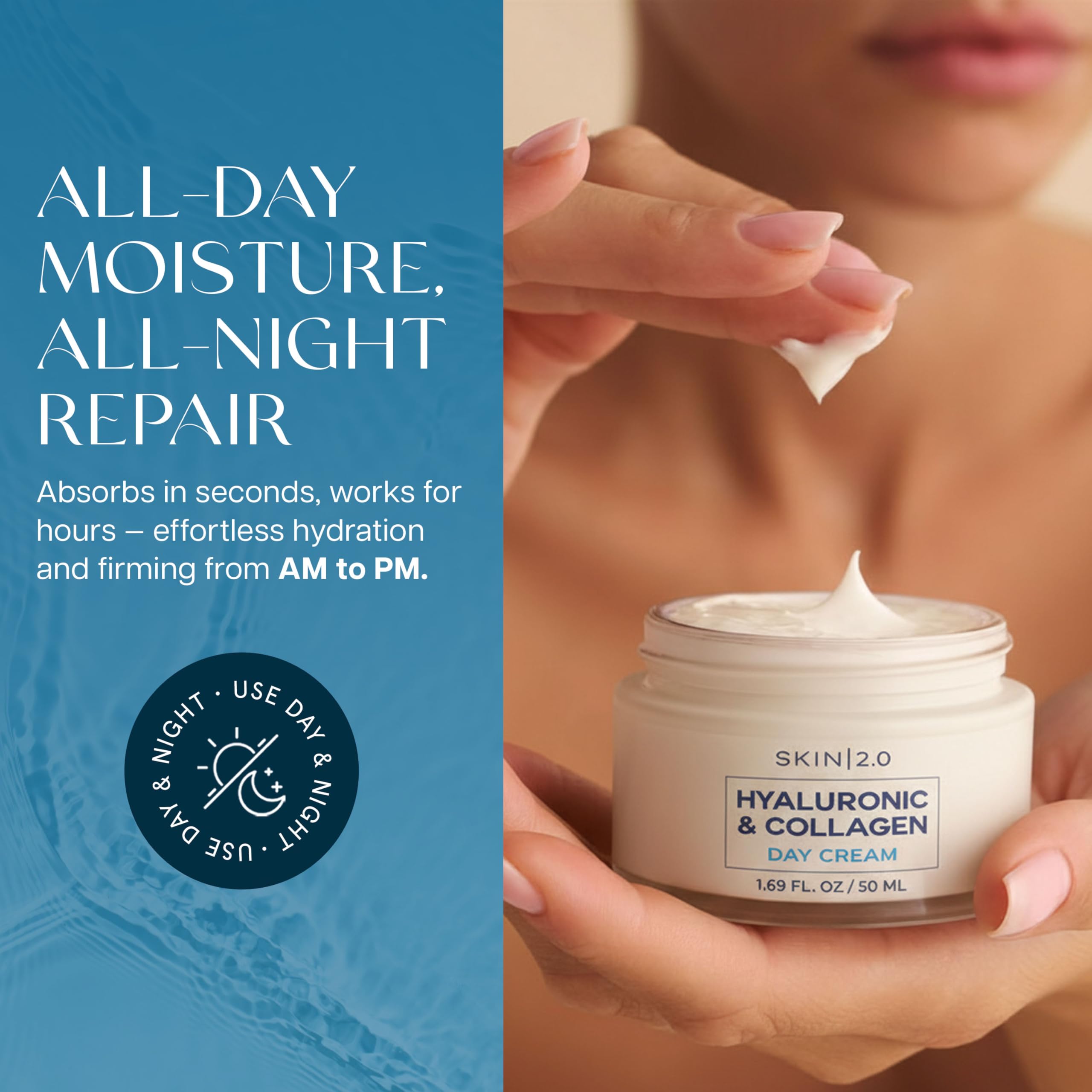 Skin 2-0 moisturizer texture swatch shows creamy, absorbent formula.