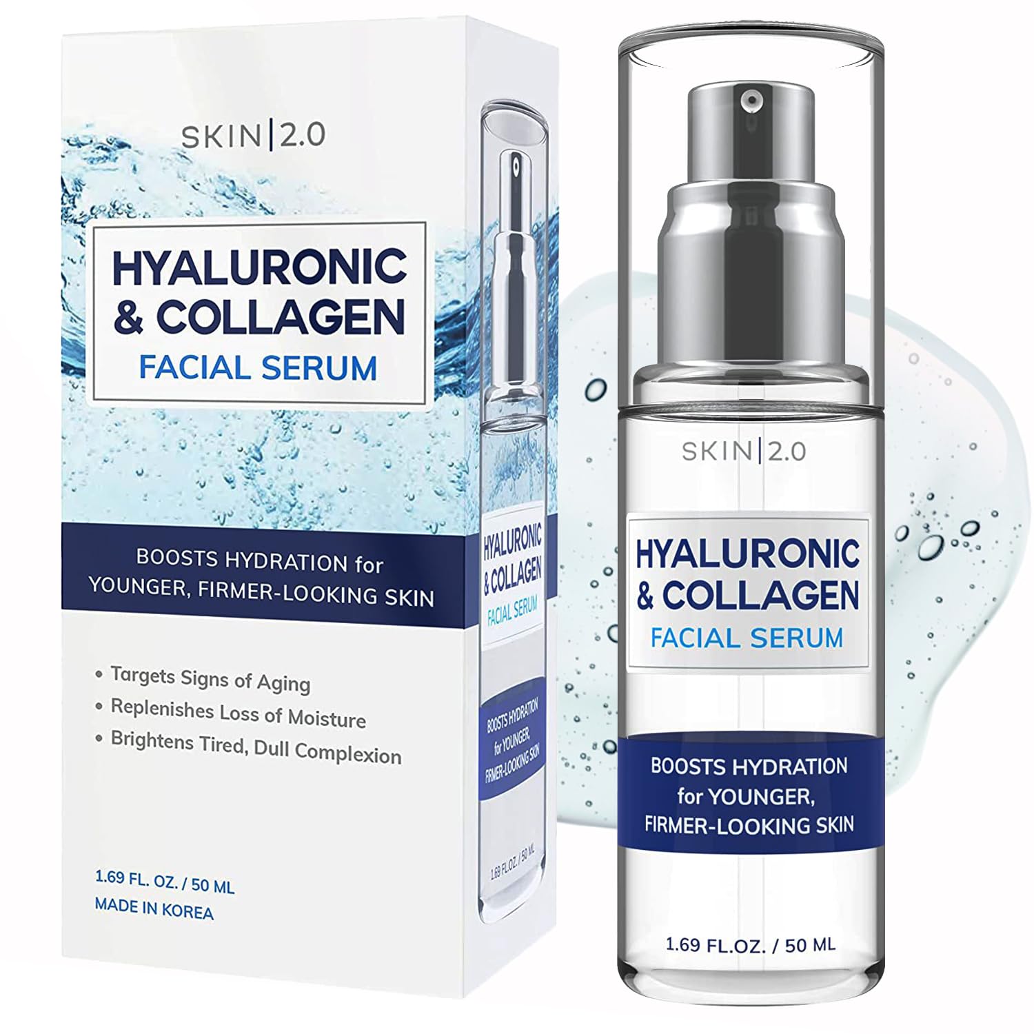 Skin 2.0 Hyaluronic Serum bottle pour shows intense hydration for dewy skin.