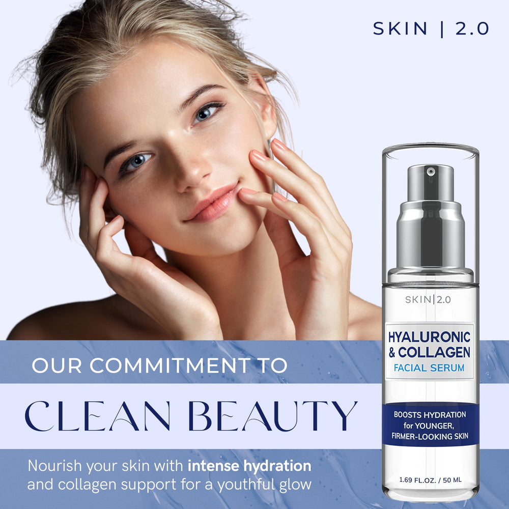 Skin 2.0 Hyaluronic Serum dropper close-up suggests premium hydration and application ease.
