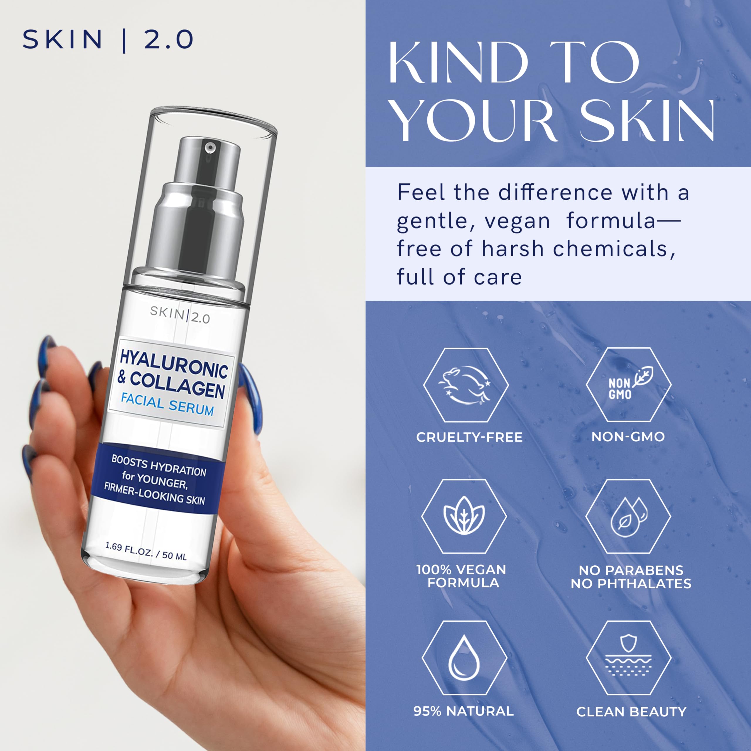 Skin 2.0 Hyaluronic Serum on the face displays a fresh, dewy glow.