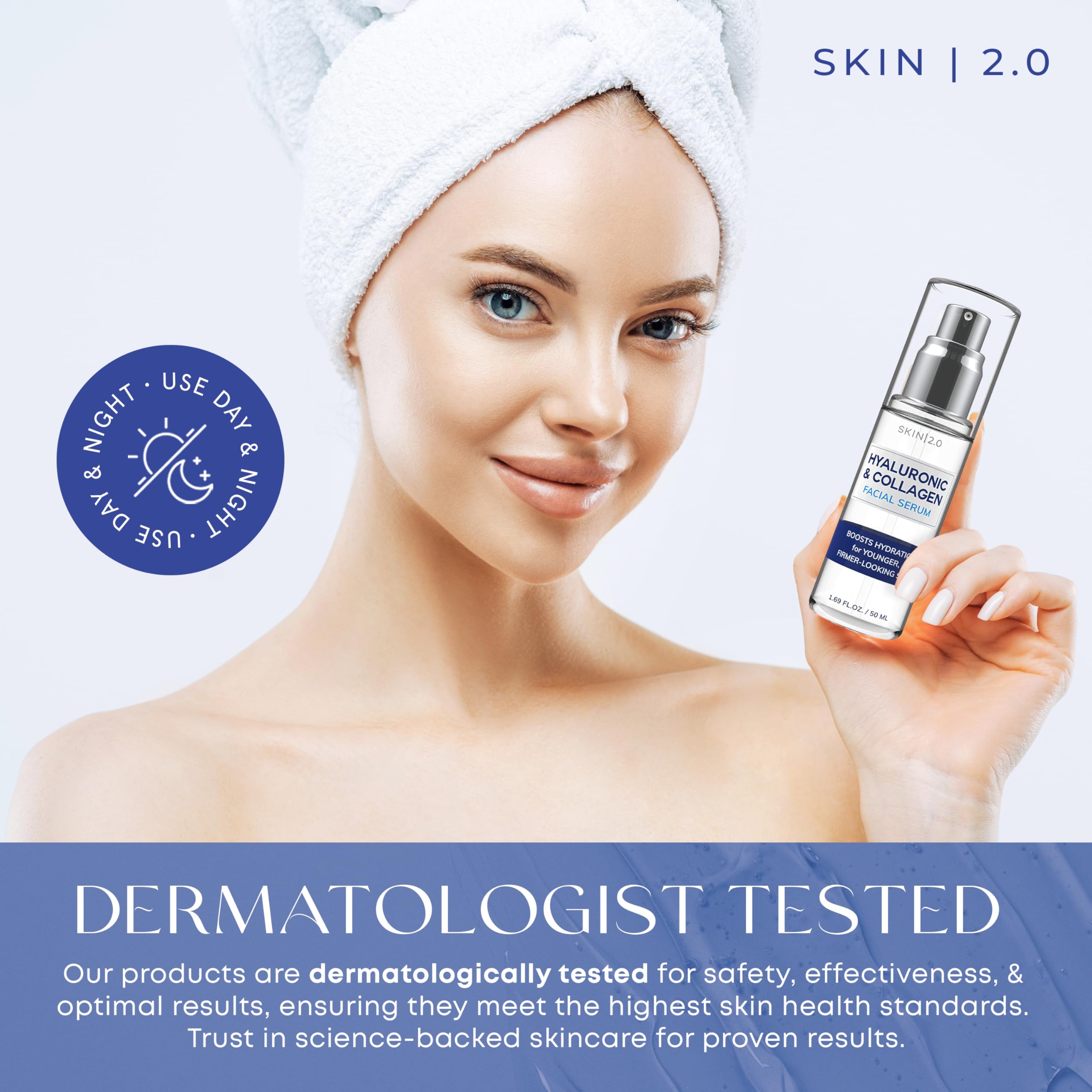 Skin 2.0 Ingredients: hyaluronic acid and collagen for plump, radiant skin.
