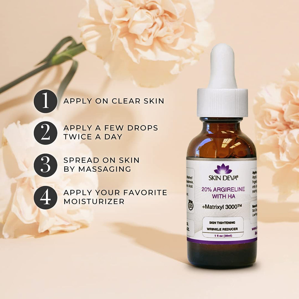 SKIN DEVA Hyaluronic Serum bottle highlights deep moisture for a dewy complexion.