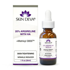 SKIN DEVA Argireline Serum bottle close-up for smoother skin thanks to peptide complex.