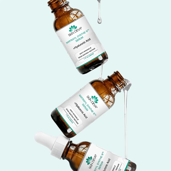 SKIN DEVA serum drop close-up highlighting hydrating, wrinkle-smoothing action.