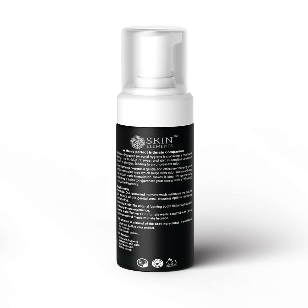 Skin Elements Intimate Wash bottle-front suggests compact, travel-friendly hygiene on the go.