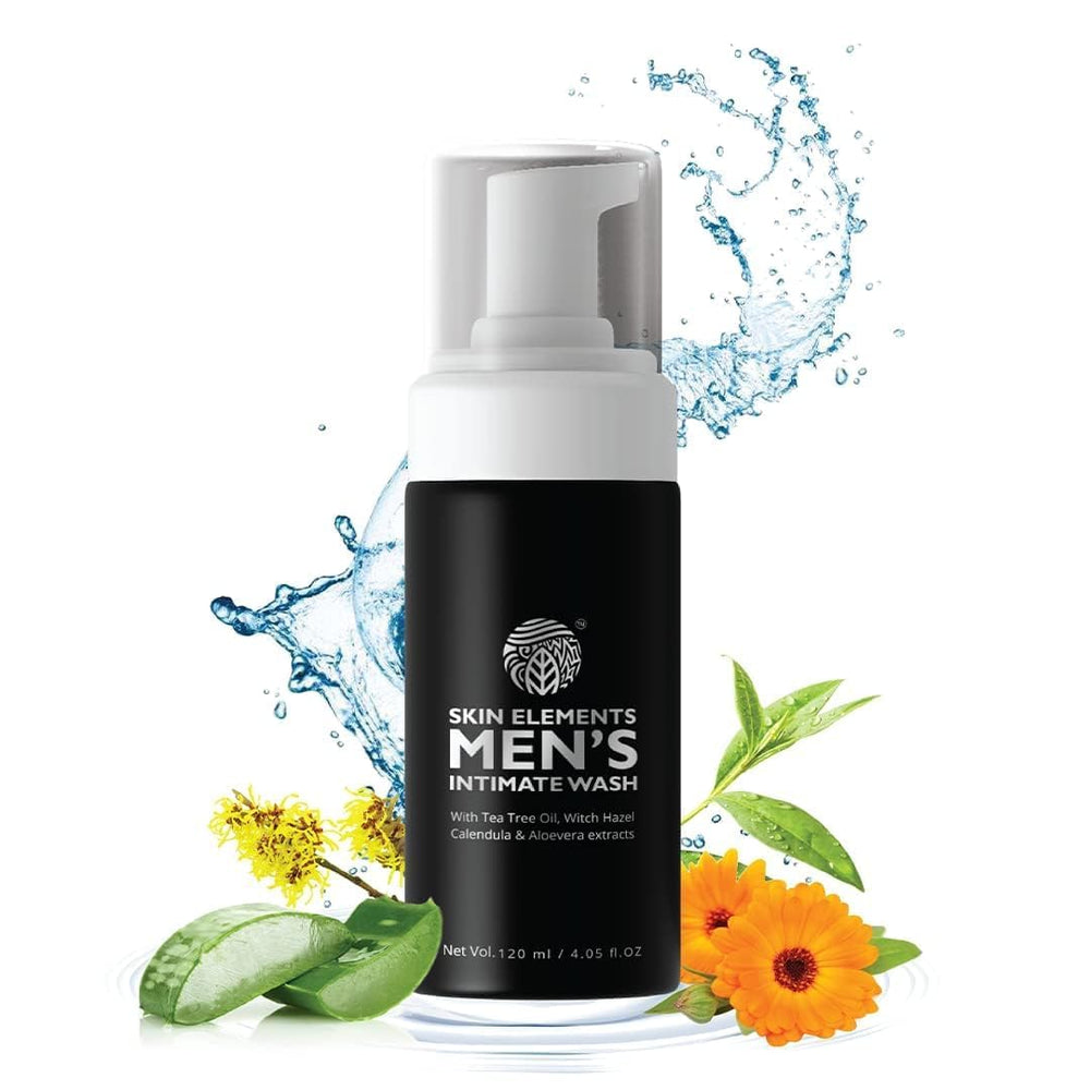Skin Elements Intimate Wash for Men bottle emphasizes a refreshing daily hygiene experience.