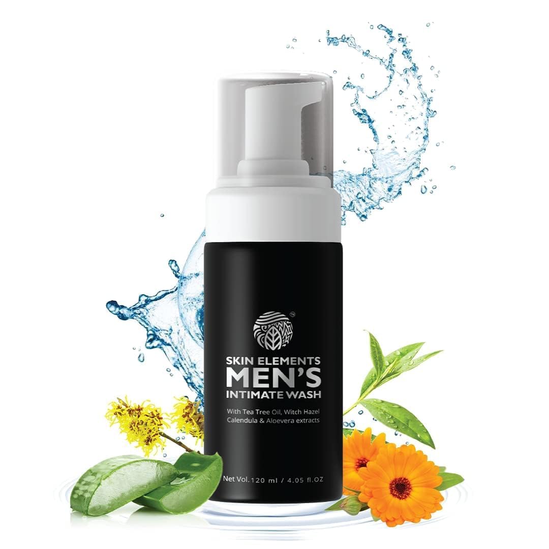 Skin Elements Intimate Wash for Men bottle emphasizes a refreshing daily hygiene experience.