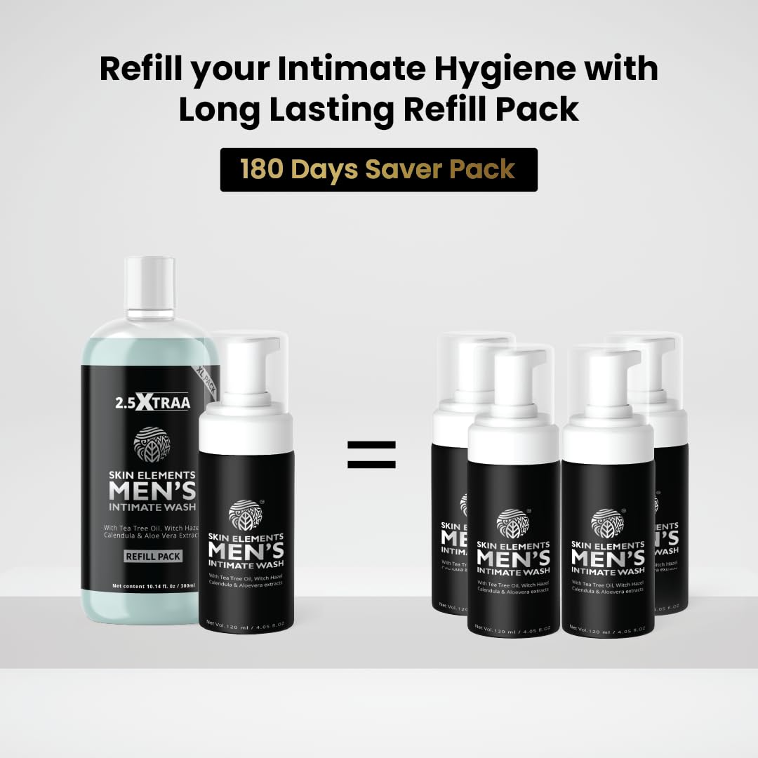 Skin Elements Men's Intimate Wash jumbo pack refill bottle demonstrates convenient 180-day supply