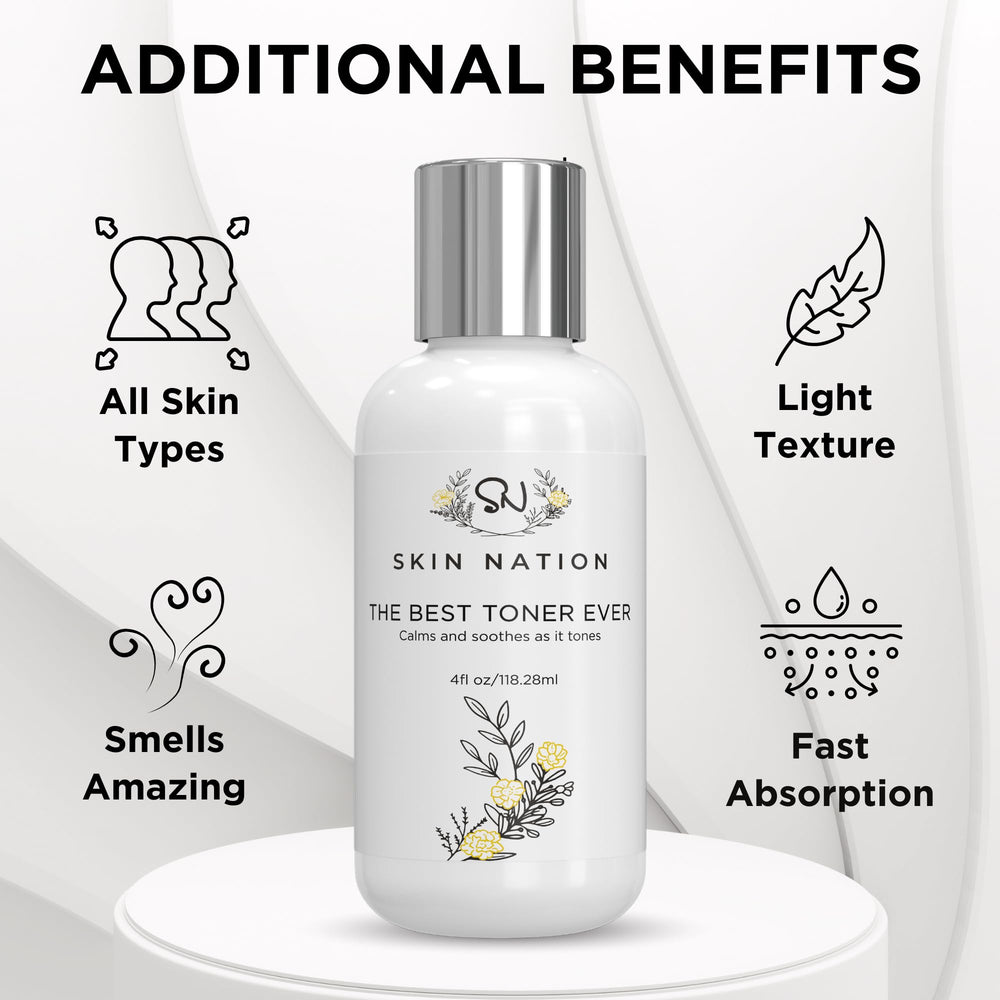 Skin Nation label emphasizes alcohol-free formula suitable for all skin types.