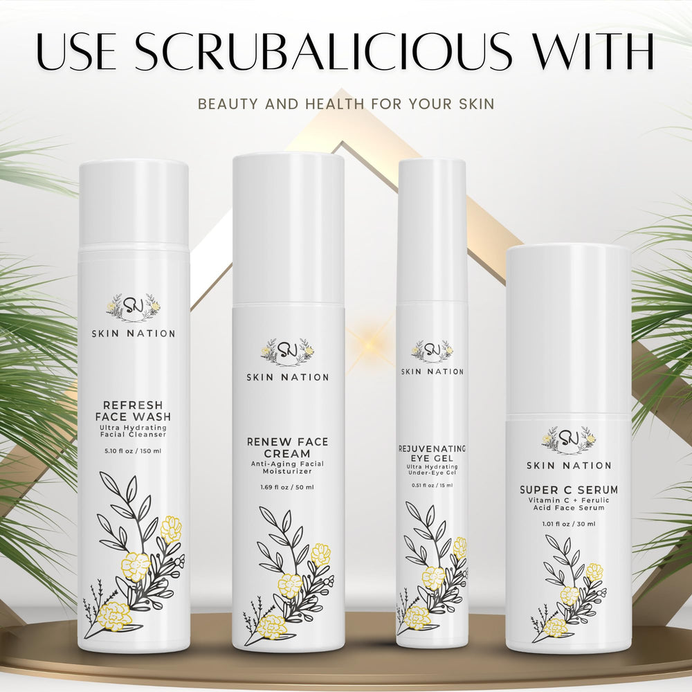 Skin Nation Scrubalicious Exfoliator aloe vera splash conveys soothing hydration during use.