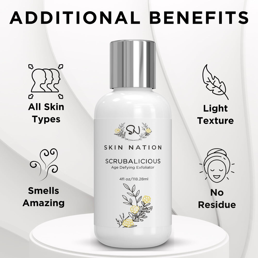 Skin Nation Scrubalicious Exfoliator tea tree oil drop emphasizes pore-clearing benefits.