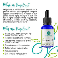 Skin Perfection Progeline Serum Booster neck-application demonstrates targeted firming for neckline care.