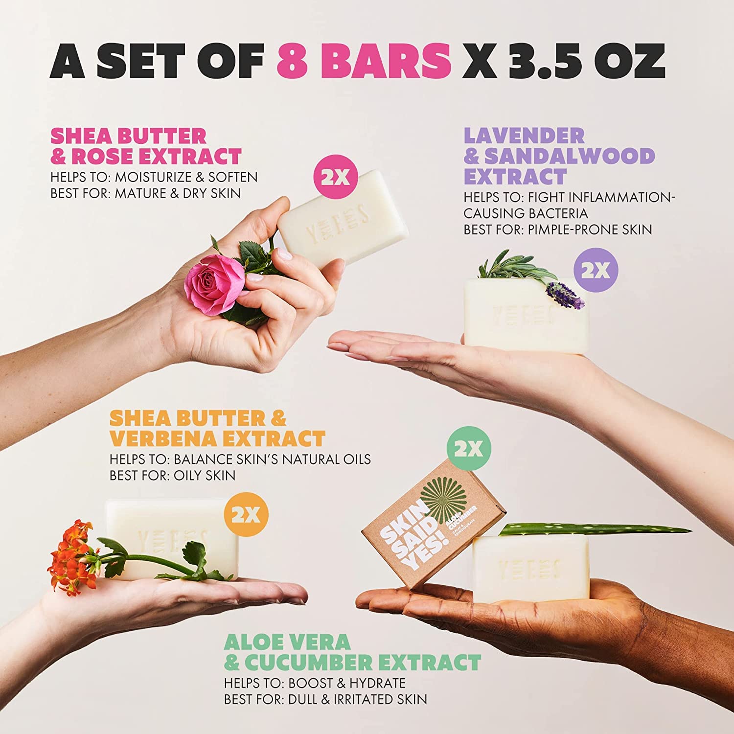 Skin Said Yes set 8 soaps with rose and verbena aroma for fresh scent.