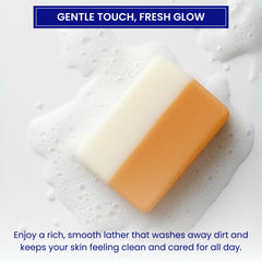 Skin Science Glutathione soap bars beside towels illustrating gentle exfoliation.
