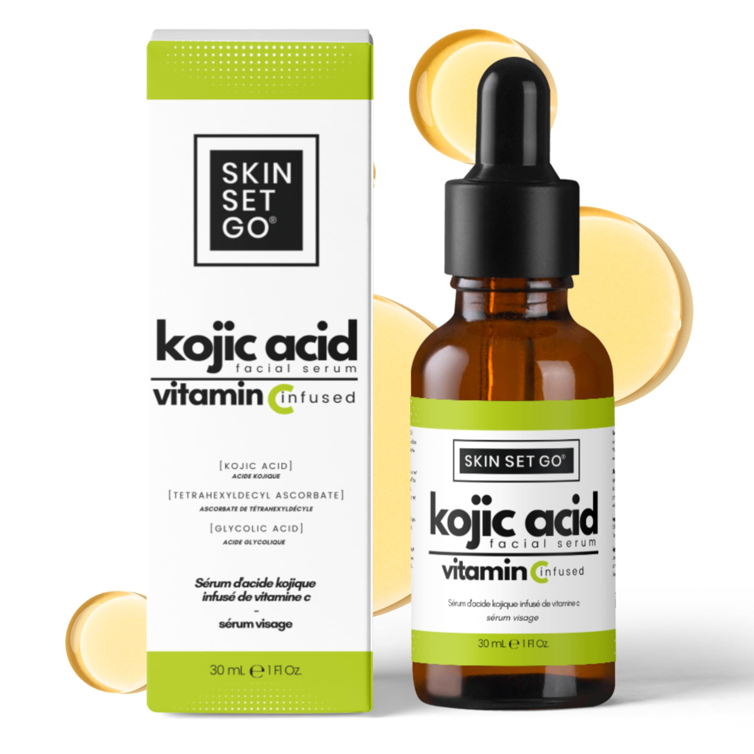 Skin Set Go Kojic Acid Serum bottle demonstrates a lightweight daily treatment for even skin tone