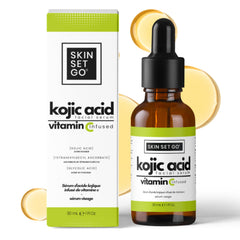 Skin Set Go Kojic Acid Serum bottle demonstrates a lightweight daily treatment for even skin tone
