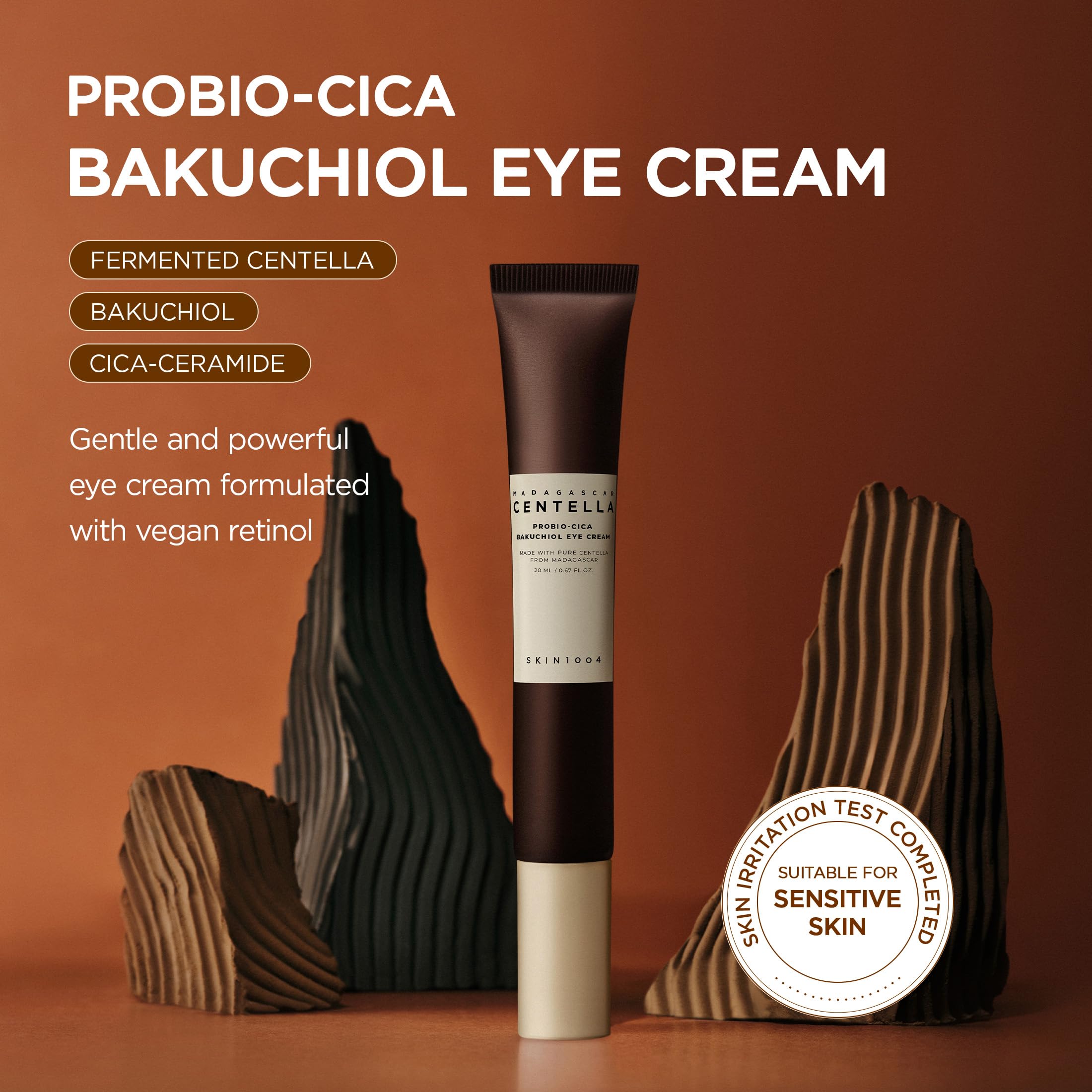 Close-up of SKIN1004 Bakuchiol Eye Cream tube highlighting Centella ingredients for sensitive skin.