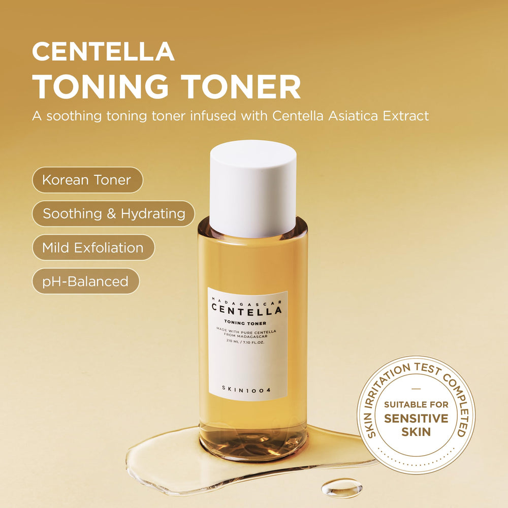 Skin1004 Centella Toning Toner pump-dispense demonstrates gentle exfoliation with PHA.