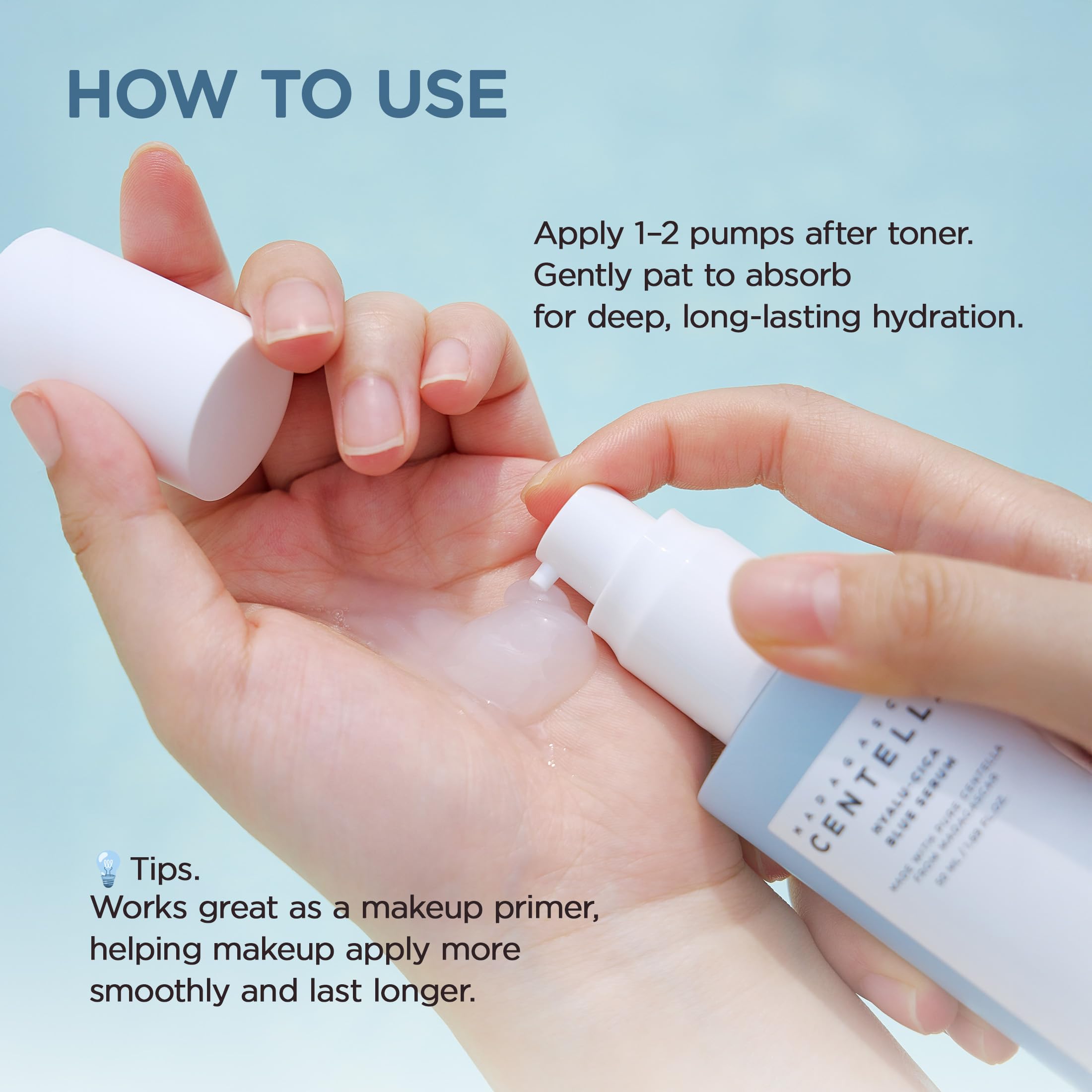 SKIN1004 Hyalu-Cica Blue Serum application demonstrates gentle patting for absorption.