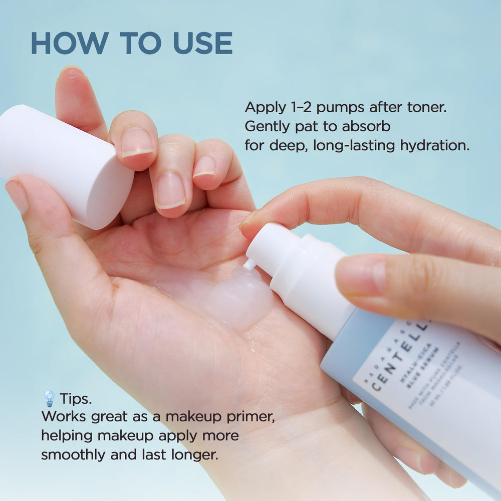 SKIN1004 Hyalu-Cica Blue Serum application demonstrates gentle patting for absorption.