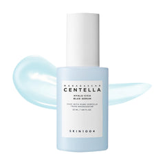 SKIN1004 Hyalu-Cica Blue Serum bottle shows hydrating formula for deep moisture.