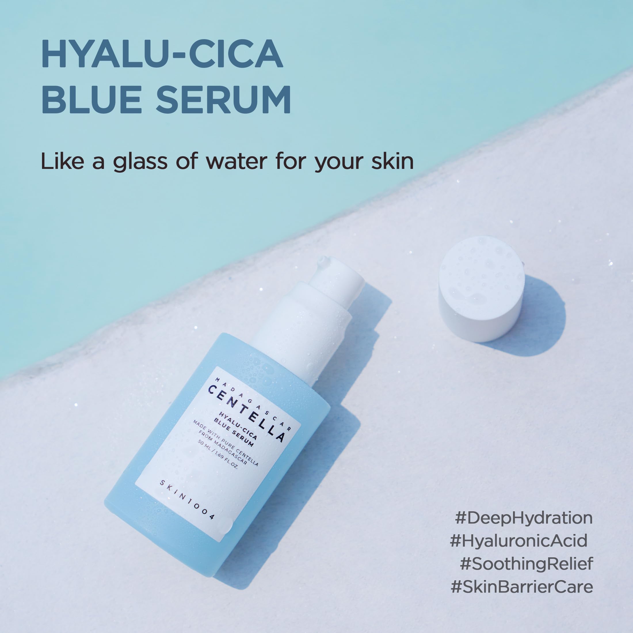 SKIN1004 Hyalu-Cica Blue Serum swatch demonstrates the liquid texture and potential hydration.