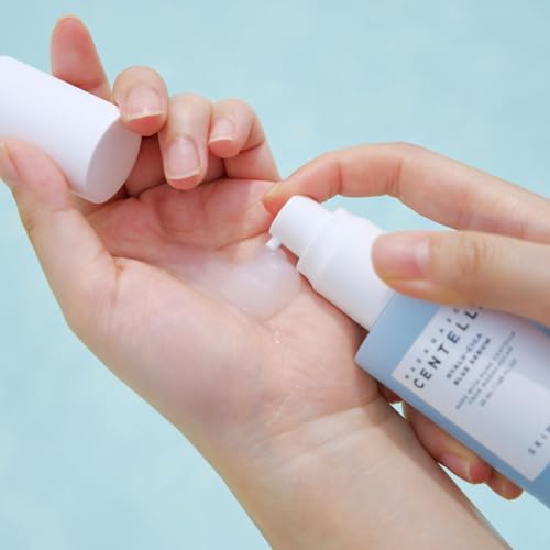SKIN1004 Hyalu-Cica Blue Serum close-up highlights lightweight, quick-absorb hydration.