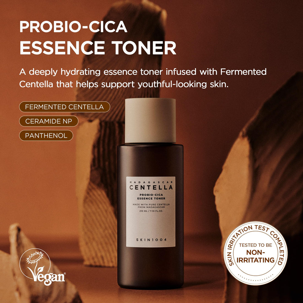 Close-up of SKIN1004 Probio-CICA Essence Toner label highlighting Centella and HA benefits