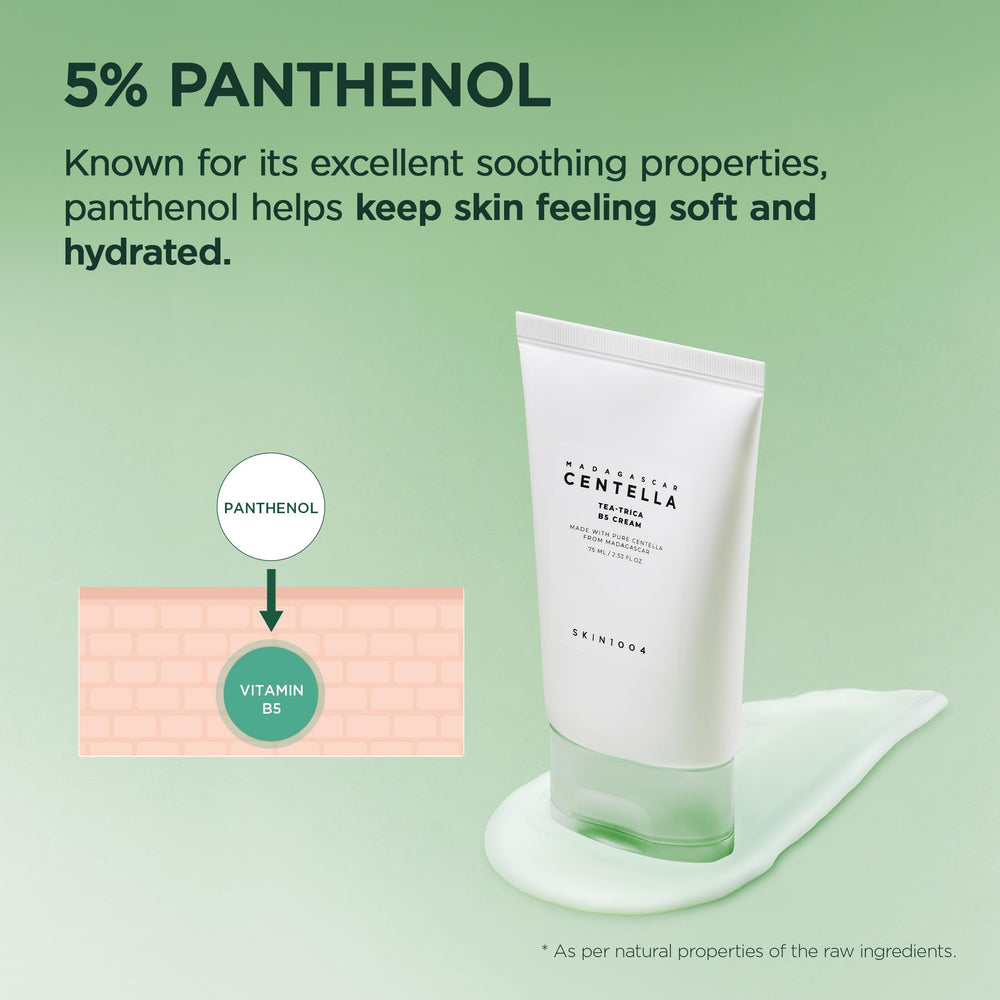 Ingredients panel on SKIN1004 Tea-Trica B5 Cream highlighting Centella and Panthenol