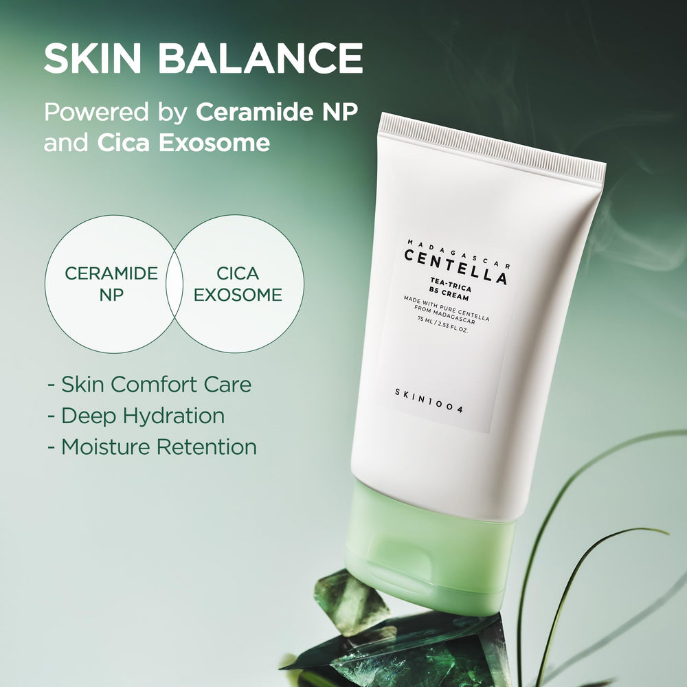 Cream jar beside centella leaves and tea tree imagery for balanced skincare