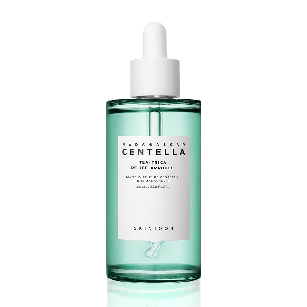 SKIN1004 Tea-Trica Relief Ampoule bottle closeup shows calming hydration for sensitive skin.