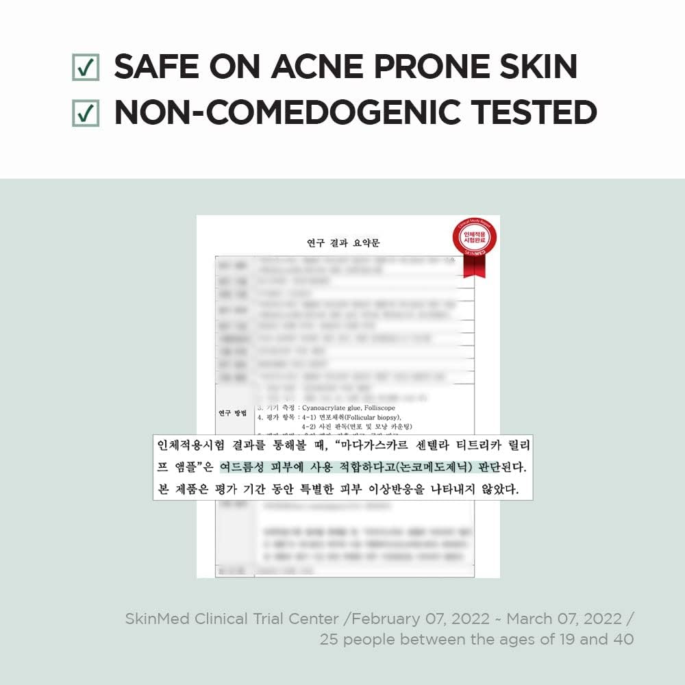 SKIN1004 Tea-Trica Relief Ampoule packaging emphasizes clean safety and hypoallergenic testing.